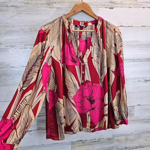 Zara Womens Tropical Floral V-Neck Top Medium Red Relaxed Beachy Coconut Girl - Picture 6 of 12